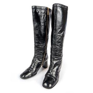 LOUIS VUITTON Vintage Black Patent Leather, High Heel, Tall Boots w/ Gold Zipper